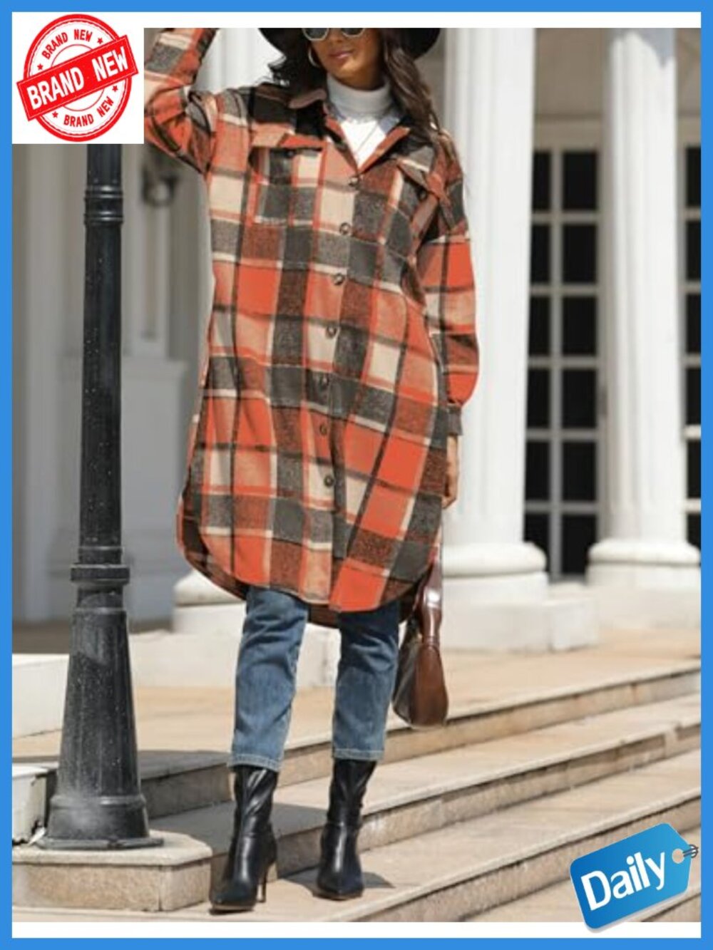 Tartan Plaid Button Up Long Shacket Coat with Pockets - Picture 5 of 6